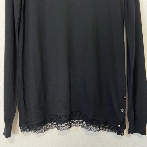 Elena Miro Color Black Lace Trim Wool Blend Cowl Neck Sweater in Black & Cream - Picture 3 of 14